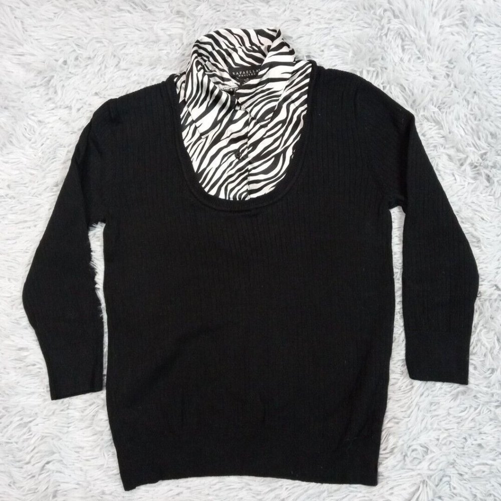 Rafaella Petites Womens Sweater Shirt Black Small Silk Collar Zebra Print